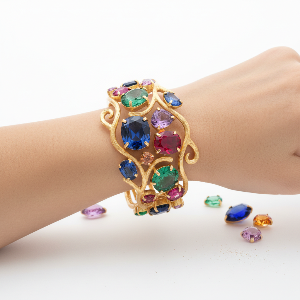 Bold jewel-tone statement bracelet in sapphire, emerald, ruby and amethyst set in gold