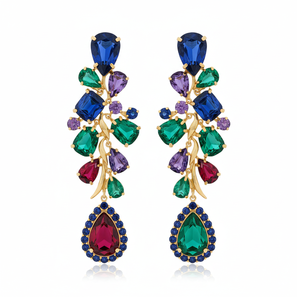 Bold jewel-tone statement drop earrings in sapphire, emerald, ruby and amethyst set in gold