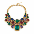 Bold jewel-tone statement necklace in sapphire, emerald, ruby and amethyst set in gold
