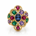 Bold jewel-tone cocktail ring in sapphire, emerald, ruby and amethyst set in gold