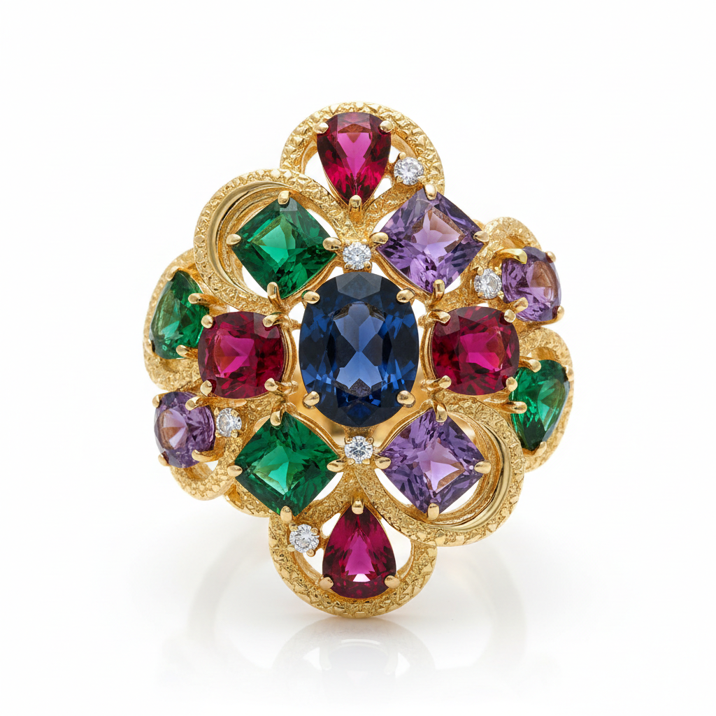 Bold jewel-tone cocktail ring in sapphire, emerald, ruby and amethyst set in gold